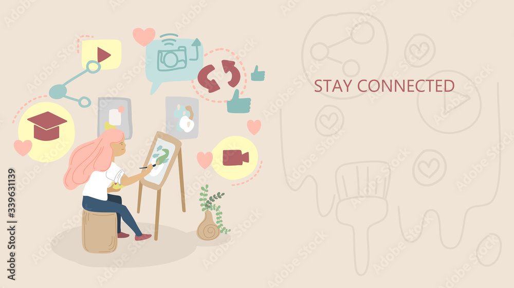 beautiful flat design in conceptual of Stay home,Stay connected, self quarantine, social distancing in soft tone color. Women is painting artwork with network and social media icon floating around beautiful flat design in conceptual of Stay home,Stay connected, self quarantine, social distancing in soft tone color. Women is painting artwork with network and social media icon floating around