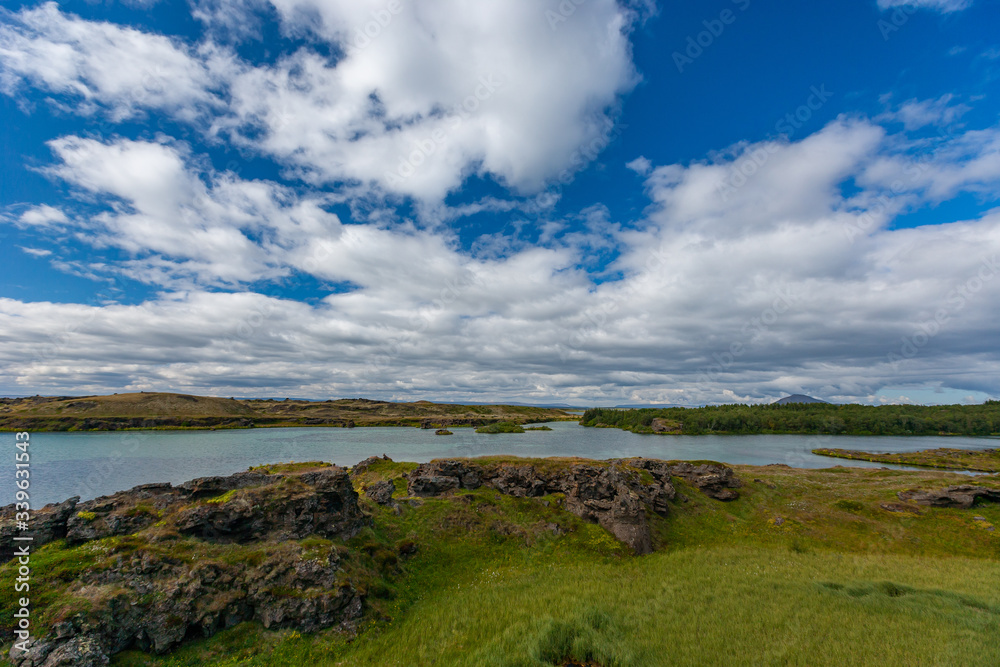Lake Mývatn is a lake in the northeast of Iceland. There is blue-hued water, which is characterised by high clarity.