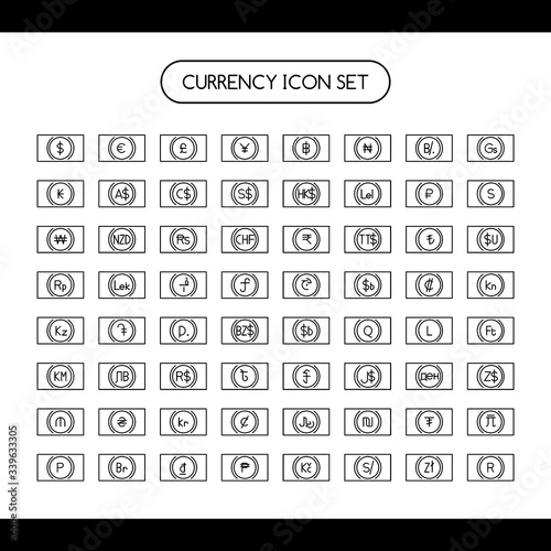 Currency symbol icon with money. Worldwide currency symbol. Main Currency. USD, EUR, JPY, GBP, AUD, CAD, CHF, CNY. money, banks, coins, payments, savings, currency exchange.