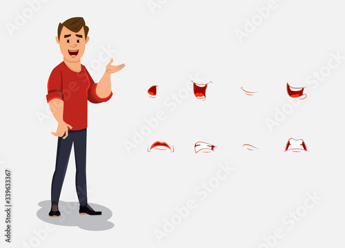 young office worker character with various facial emotions. Custom expression set for your design, motion and animation.
