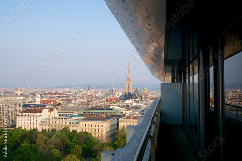 VIENNA, AUSTRIA - APR 29th, 2017: Beautiful view of famous St. Stephen's Cathedral Wiener Stephansdom at Stephansplatz in the early morning from a near by Hotel, aerial view
