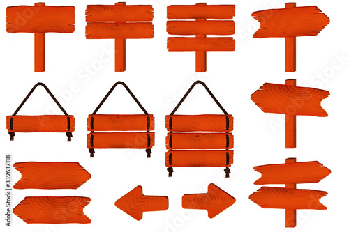 set of wooden arrows and nameplates on poles and ropes