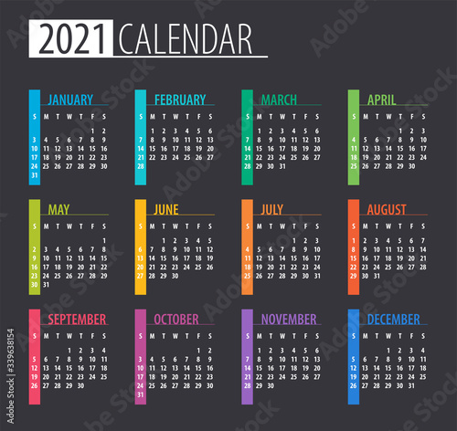 2021 Calendar - illustration. Template. Mock up. Week starts on Sunday