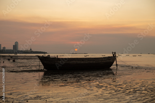 Wooden vintage boat in the twilight time