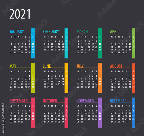 2021 Calendar - illustration. Template. Mock up. Week starts on Monday
