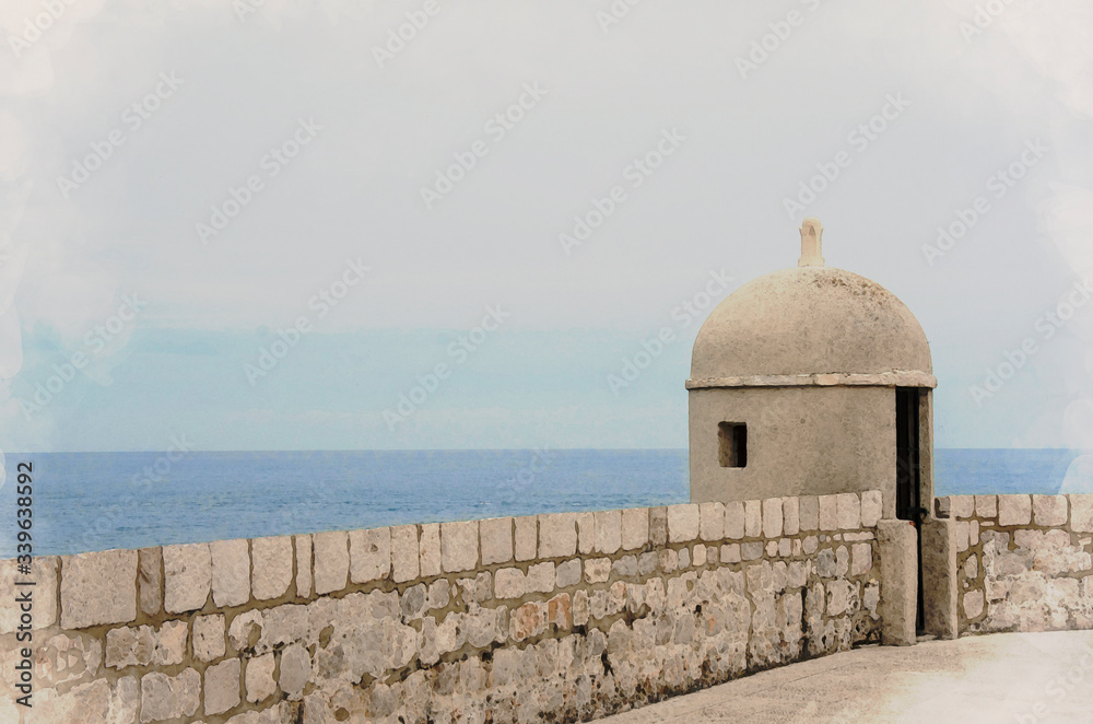 Watercolor picture effect of photo with view of the gun turret on Dubrovnik city walls and sea in Croatia Watercolor picture effect of photo with view of the gun turret on Dubrovnik city walls and sea in Croatia