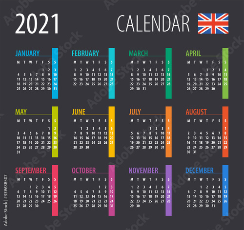 2021 Calendar - illustration. Template. Mock up. English version