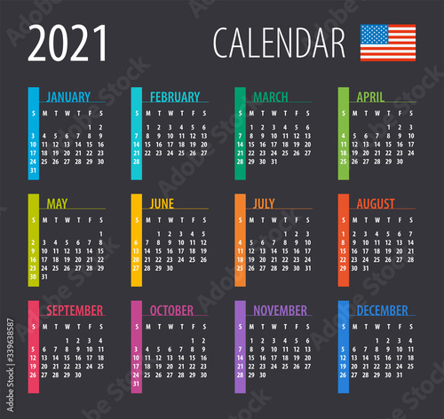 2021 Calendar - illustration. Template. Mock up. American version