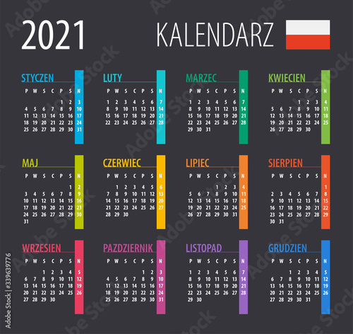 2021 Calendar - vector illustration. Template. Mock up. Polish version