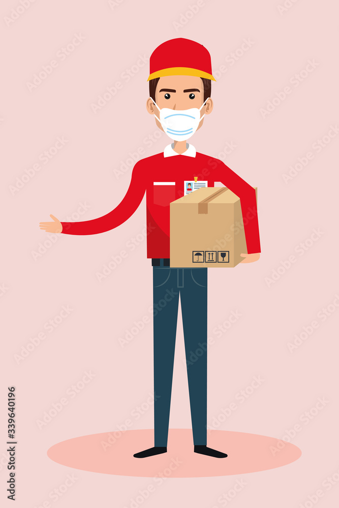delivery worker using face mask with box carton vector illustration design