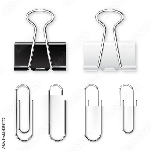 Realistic paper binders collection. Metal paper clip, holder. Design mockup. Vector illustration.