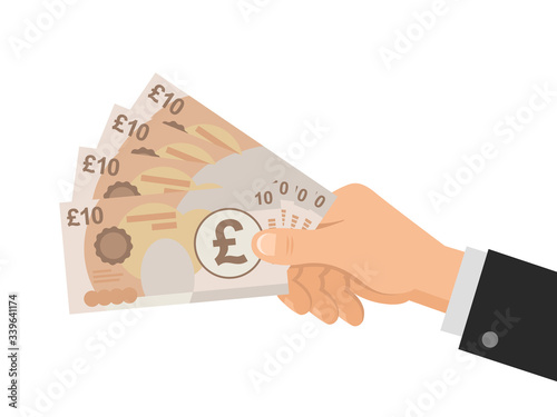 Hand holds money UK Pounds 10 banknotes. Business concept. Isolated on white background. Flat Style. Vector illustration.