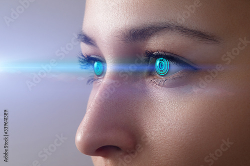 Iris recognition concept Smart contact lens. Mixed media.