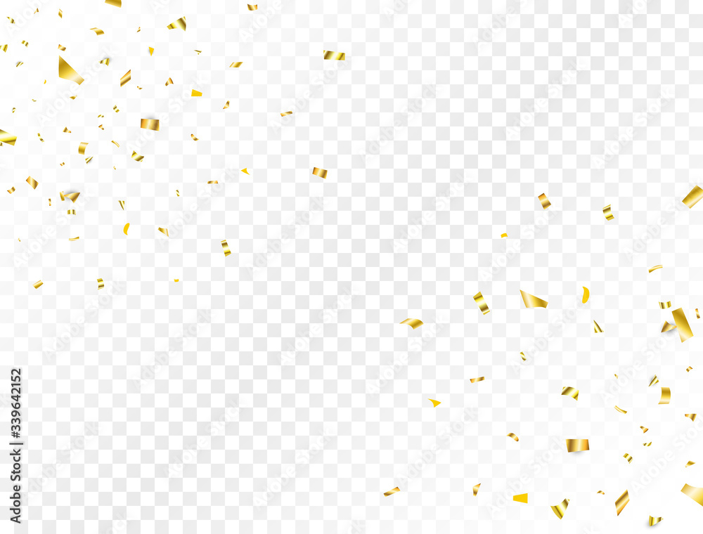 Confetti golden splash. Glitter gold confetti falling on transparent