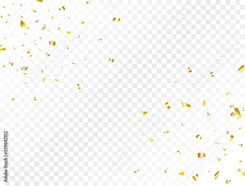 Confetti golden splash. Glitter gold confetti falling on transparent background. Shiny party frame. Bright festive tinsel. Celebration holiday design elements for web, flyer. Vector illustration