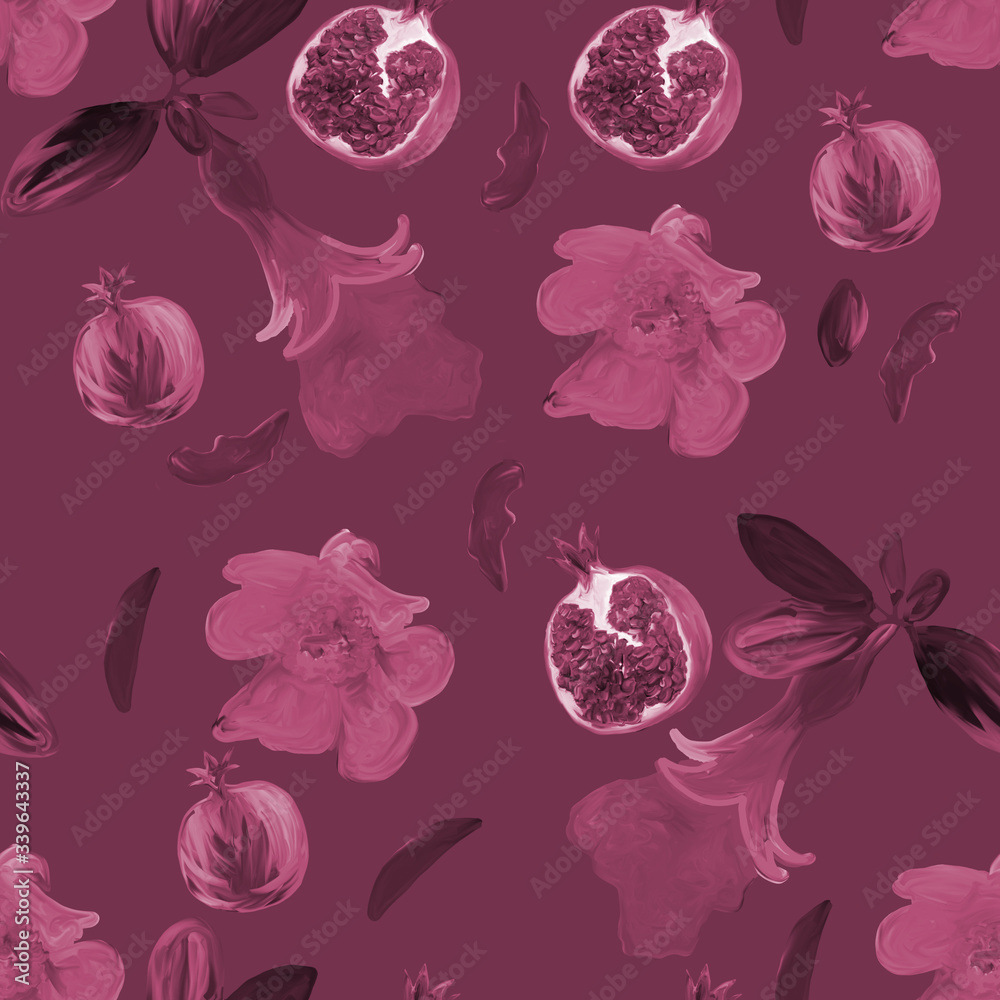 Hand drawn pomegranate fruit on a branch with leaves and flowers. Seamless pattern on monochrome dark pink background in gouache for wallpaper, background, fabric, textile, cafe, restaurant, resort