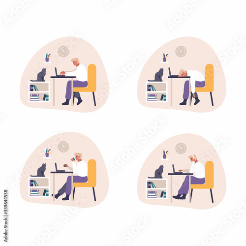 Tired and bored man is working with computer. Flat fun illustration of tired student studying or working using pc at home desk. Young man reading email, coding a website, sleeping at desk