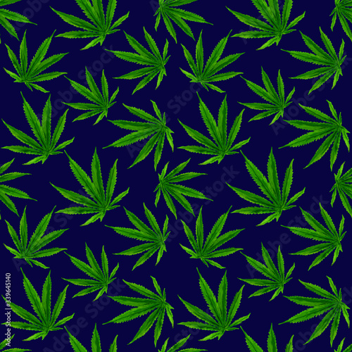 Marijuana gouache seamless pattern . Hemp marijuana, hemp leaves on deep blue background. Green smoke hashish narcotic
