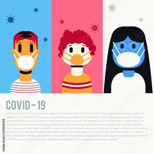 illustration of people wearing masks against virus creative vector design with text template, coronavirus covid19