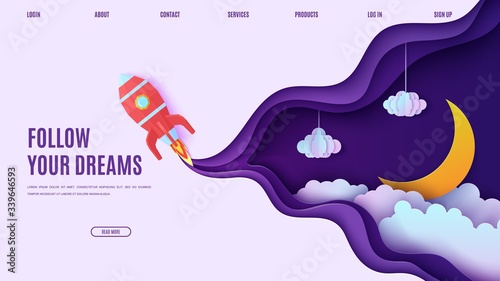 Night sky and red rocket in paper cut style. Cut out 3d website template with violet and blue gradient cloudy landscape with star on rope and moon papercut art. Vector card with origami spaceship.