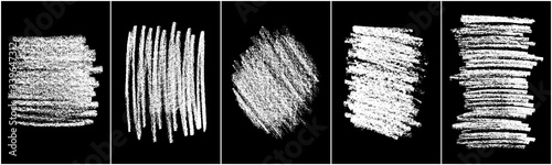 Set of scribble hand drawn in chalk on black background. Shabby white texture. Monochrome stain element. Rusted effect. Digitally generated image. Vector illustration, Eps 10.
