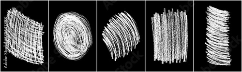Set of scribble hand drawn in chalk on black background. Shabby white texture. Monochrome stain element. Rusted effect. Digitally generated image. Vector illustration, Eps 10.