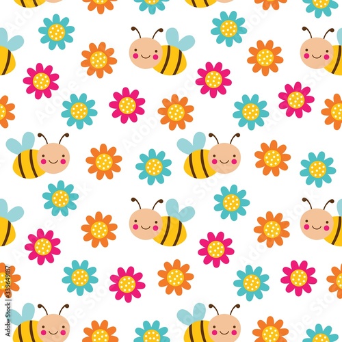 Seamless vector cartoon pattern with bees and flowers