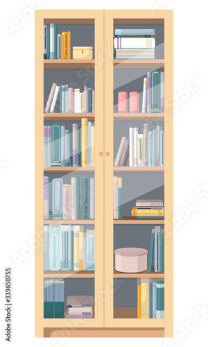 Vector illustration of bookshelf isolated on white background. Pastel colors, many different books. Stylish home library for interior.