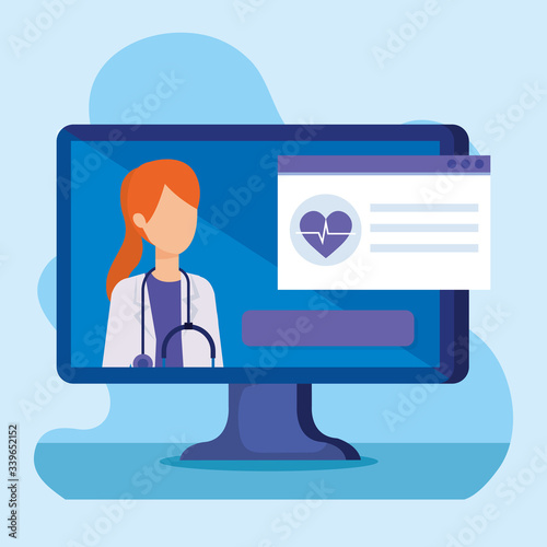 medicine online technology with doctor female and computer vector illustration design © Gstudio