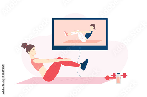 Fitness online course concept. Girl doing fitness at home in online classes using her TV screen. Vector flat cartoon illustration