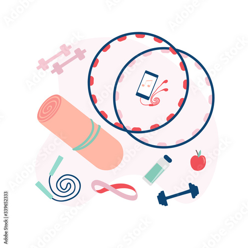 Fitness equipment set. Home and gym workout tools. Hula hoop, dumbbells, jumping rope, apple, water bottle. vector cartoon flat illustration