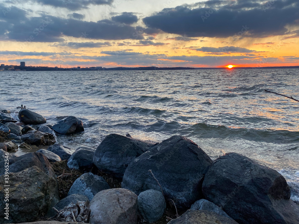 lakeside sunset rocks