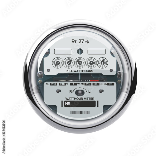 Analog electric meter isolated. Older Analog Dial Meter for 200 Amp electrical service. Voltmeter round shape with a clear plastic cover. Meter clearly showing the kilowatt-hours of consumed energy.