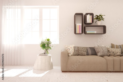 White living room with sofa. Scandinavian interior design. 3D illustration