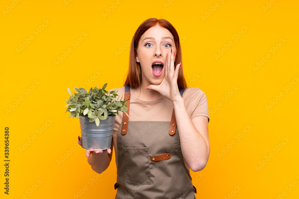 Young redhead gardener woman holding a plant over isolated yellow background shouting with mouth wide open Young redhead gardener woman holding a plant over isolated yellow background shouting with mouth wide open
