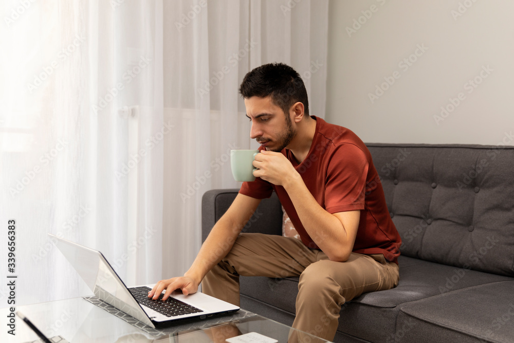 The man is sick with the covid19 virus, he works at home.