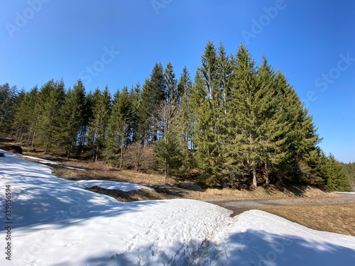 The early spring atmosphere and the last remnants of winter in the Alptal alpine valley, Einsiedeln - Canton of Schwyz, Switzerland Schweiz photo