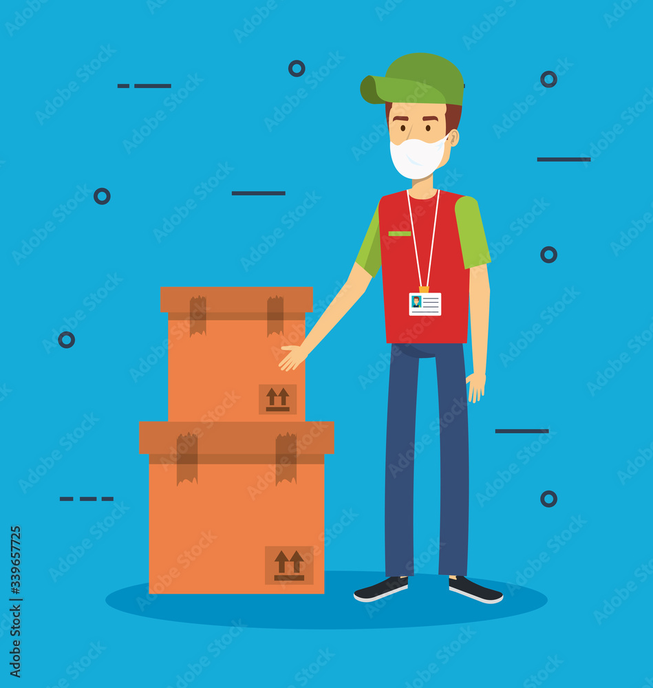 delivery worker using face mask with boxes vector illustration design