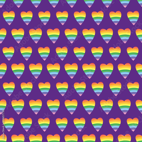 Rainbow hearts on purple background. Pattern for fabric, wrapping, textile, wallpaper, apparel, background. Vector illustration