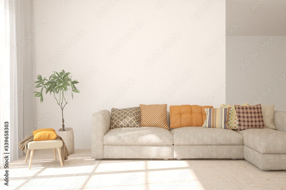 Fototapeta premium White living room with sofa. Scandinavian interior design. 3D illustration
