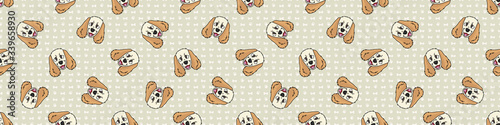 Hand drawn cute cocker spaniel puppy face breed seamless border pattern. Purebred pedigree domestic dog background. Dog lover English hunting pet washi ribbon. Kennel pooch EPS 10. 