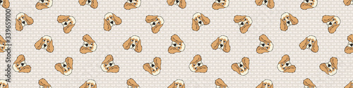 Hand drawn cute cocker spaniel face breed dog seamless border pattern. Purebred pedigree domestic dog background. Dog lover English hunting pet washi ribbon. Kennel pooch EPS 10. 