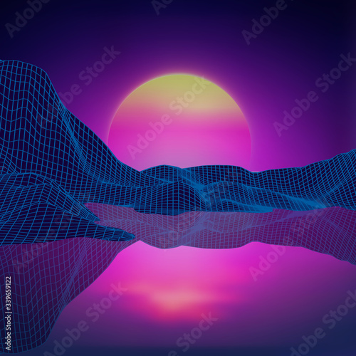 Retro background futuristic landscape 1980s style. Digital retro landscape cyber surface. Retro music album cover template sun, space, mountains . 80s Retro Sci-Fi Background Summer Landscape.
