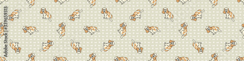 Hand drawn cute cocker spaniel puppy breed seamless border pattern. Purebred pedigree domestic dog background. Dog lover English hunting pet washi ribbon. Kennel pooch EPS 10. 