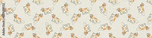 Hand drawn cute cocker spaniel dog breed seamless border pattern. Purebred pedigree domestic dog background. Dog lover English hunting pet washi ribbon. Kennel pooch EPS 10. 