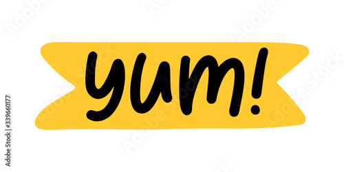 YUM doodle quote. Only one single word. Printable graphic tee. Design doodle for print. Vector illustration. Colorful. Cartoon hand drawn calligraphy style.