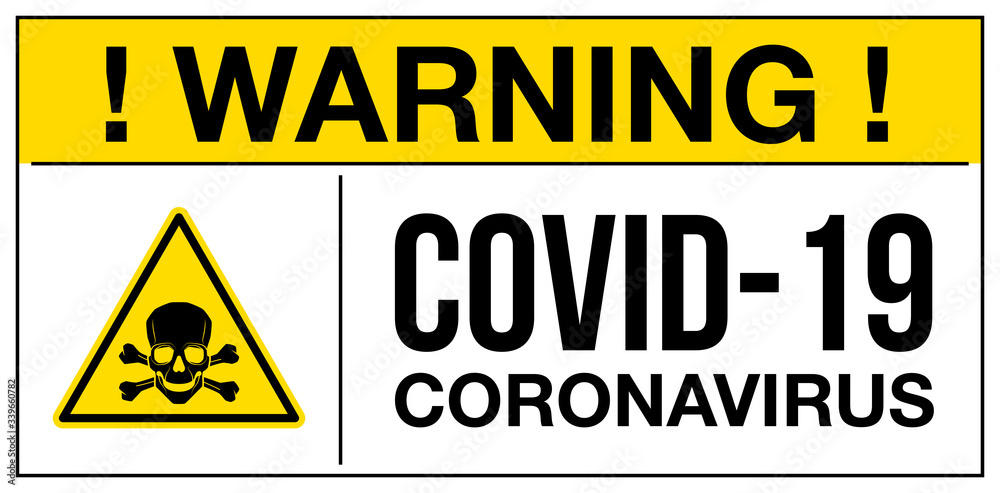 Coronavirus warning and attention icon sticker. Exclamation mark health skull danger sign, COVID19 or 19 nCoV epidemic and pandemic symbol. biohazard flat logo template for medical Infographic sticker