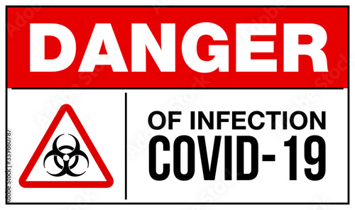 Coronavirus warning and attention icon sticker. Exclamation mark health danger sign, COVID19 or 2019 nCoV epidemic and pandemic symbol. biohazard flat logo template for medical Infographic sticker
