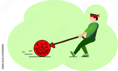 A man is pull a bag.