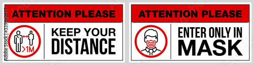 set of stickers for public institutions calling for prevention of coronavirus: keep distance 1 meter, wear a mask on face, stay at home. Prevention Coronavirus Covid 19 pandemic quarantine banner set